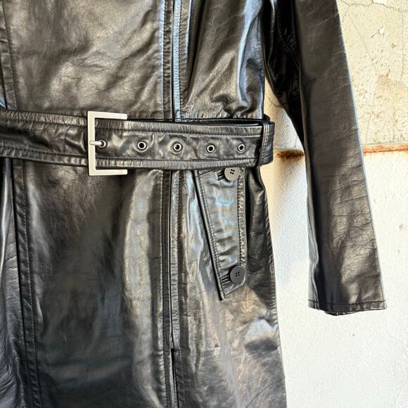 Kenneth Cole New York Genuine Leather Trench Coat Black Belted Jacket Womens S - Picture 2 of 9